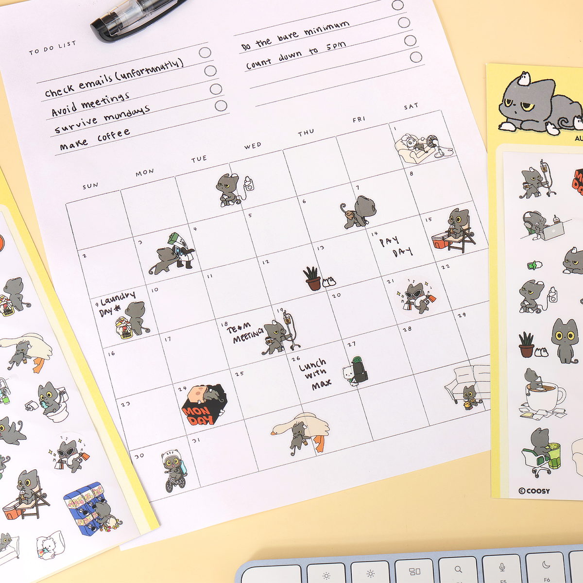 Hakongee weekday and weekday clear stickers applied to a desk calendar and to-do list next to the sticker sheet